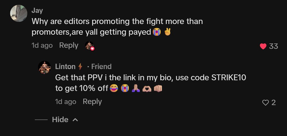 Fan comment: why are editors promoting the fight more than promoters, are yall getting paid — answered by a network creator with the DAZN link and STRIKE10 code
