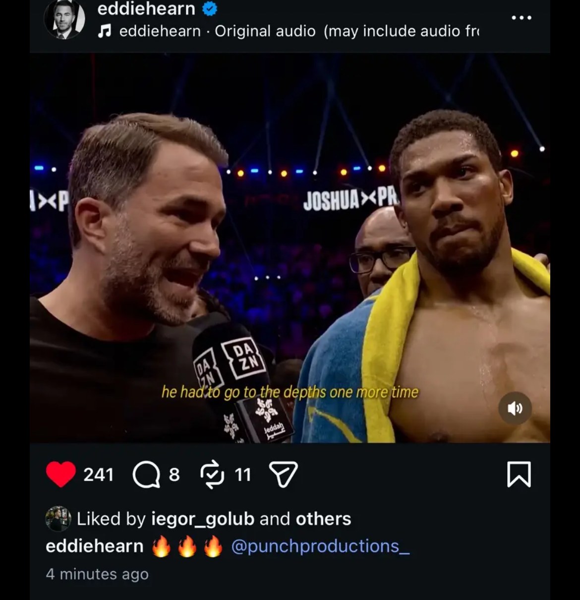 Eddie Hearn's Instagram post sharing a Strike House network editor's AJ edit, posted with credit to the creator