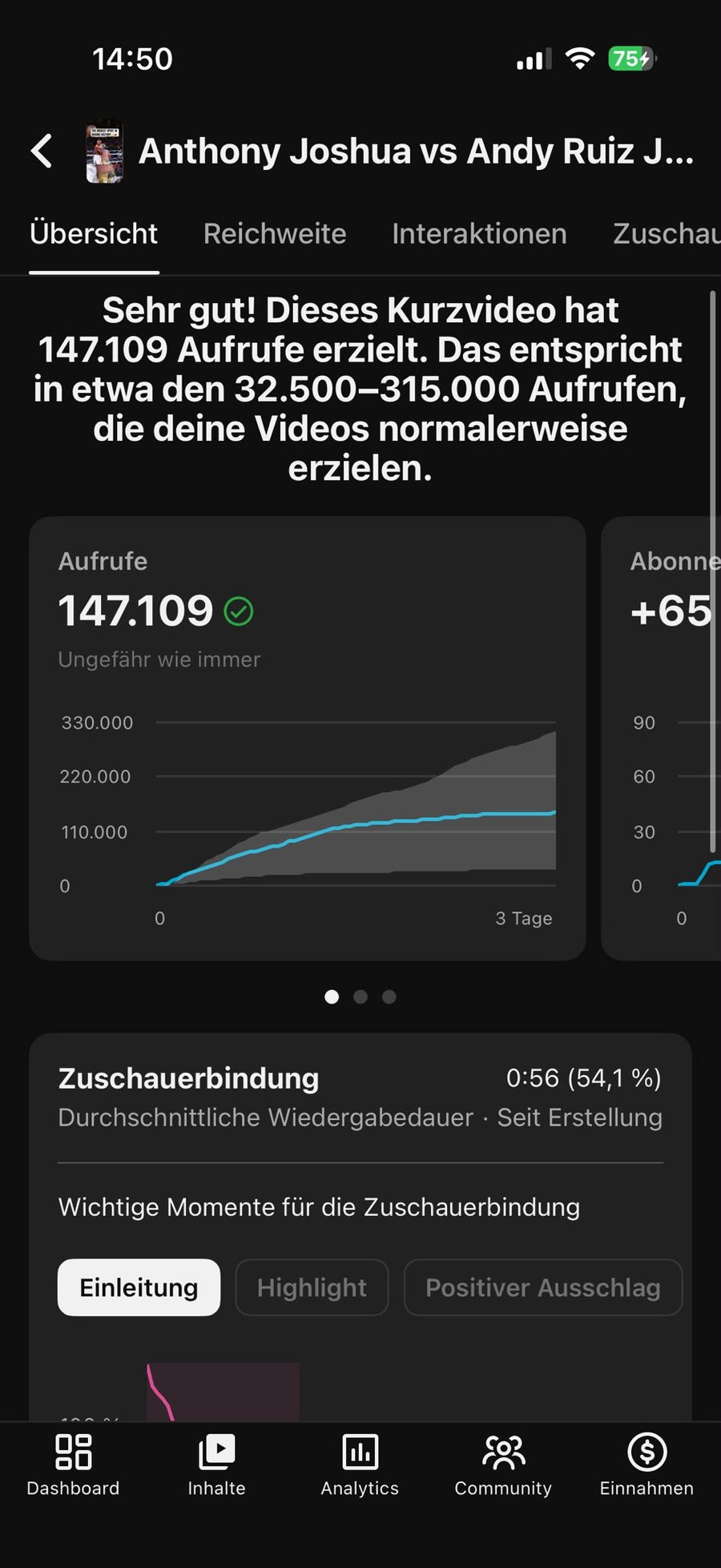 YouTube Studio analytics: 147,109 views, 54.1% average retention