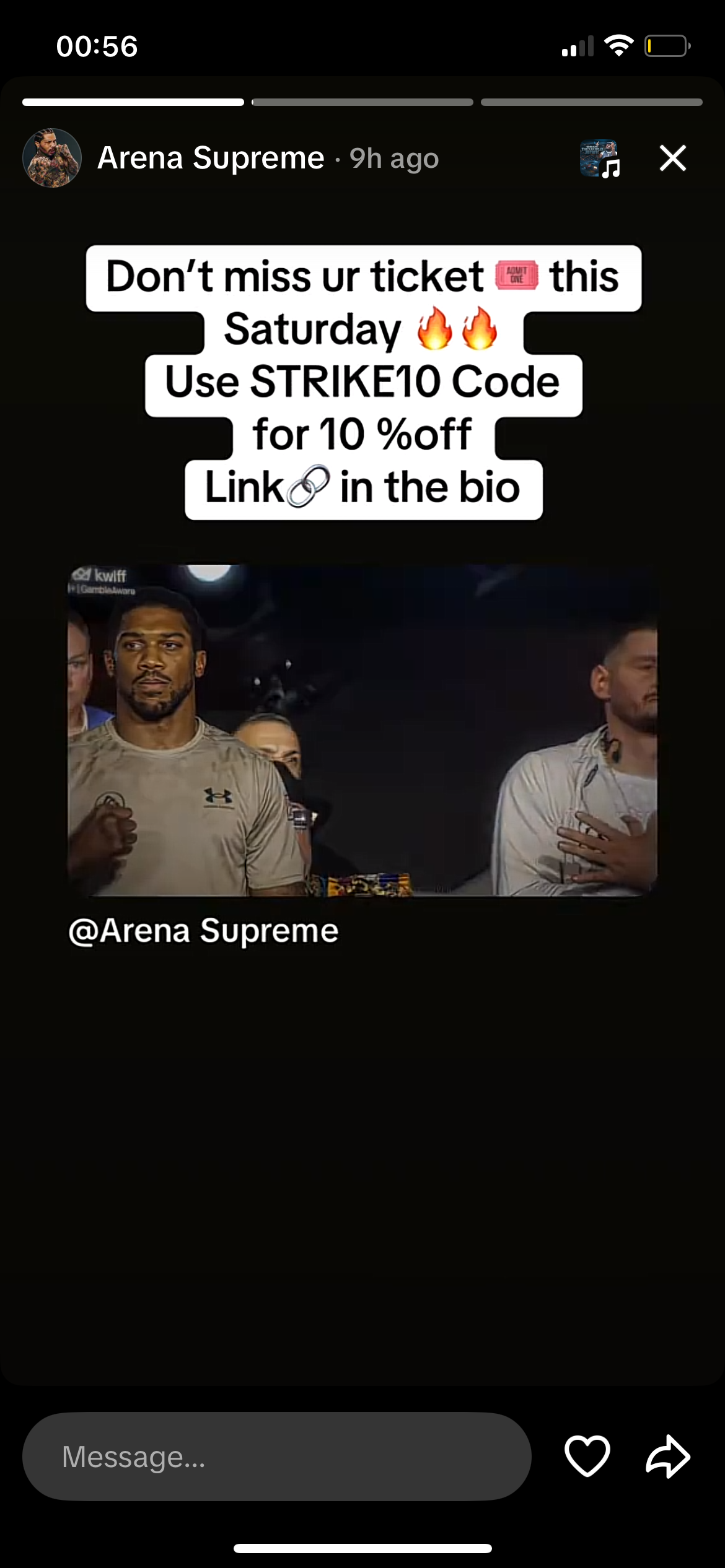Arena Supreme story: don't miss your ticket this Saturday, use STRIKE10 code for 10% off, link in bio