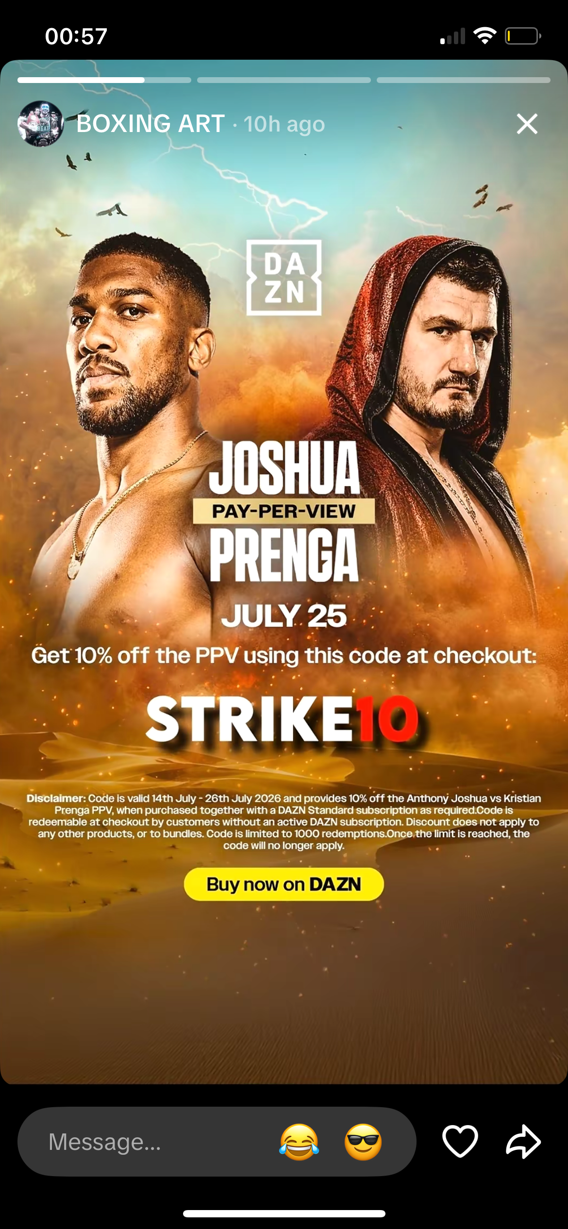 Boxing Art story: official DAZN Joshua vs Prenga STRIKE10 asset with Buy now on DAZN