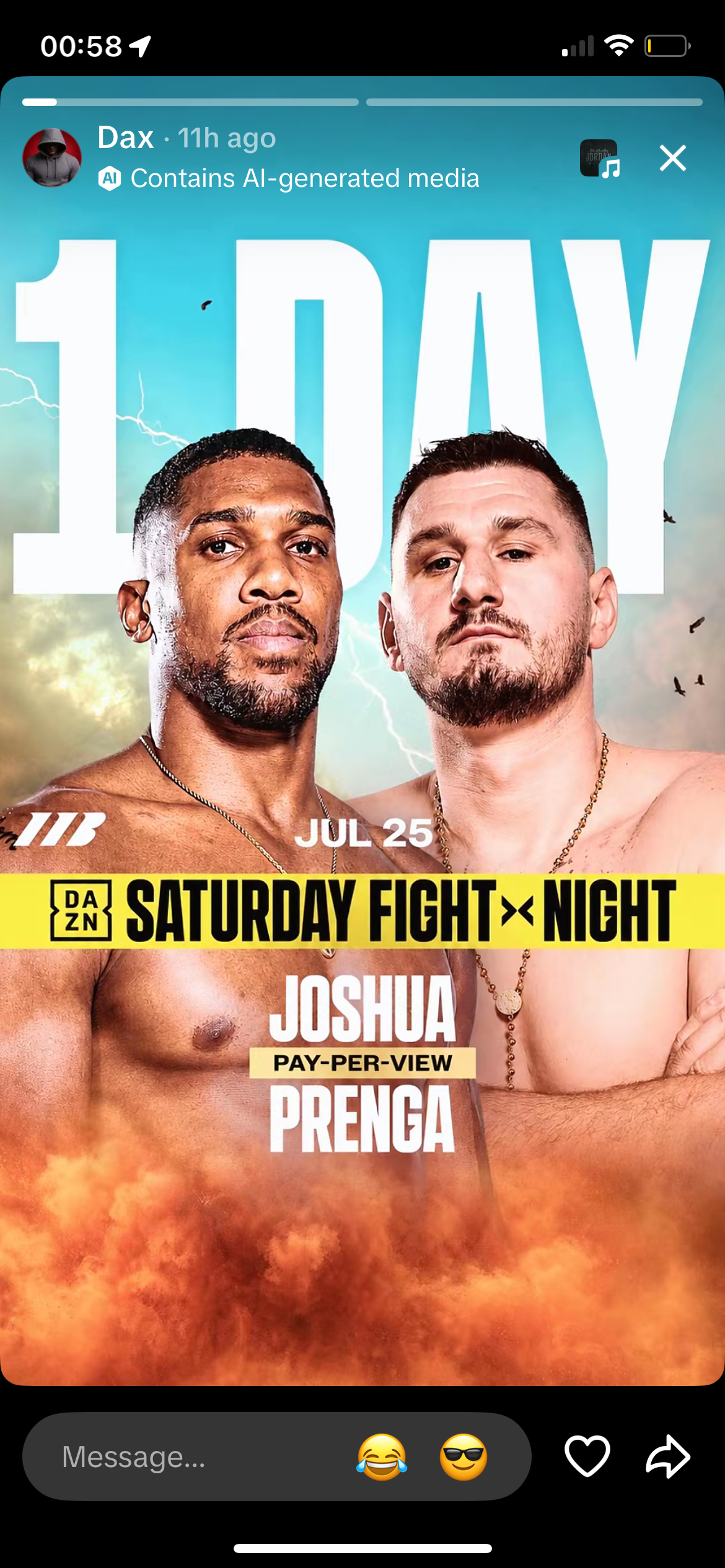 Dax story: 1 day countdown graphic for Joshua vs Prenga on DAZN