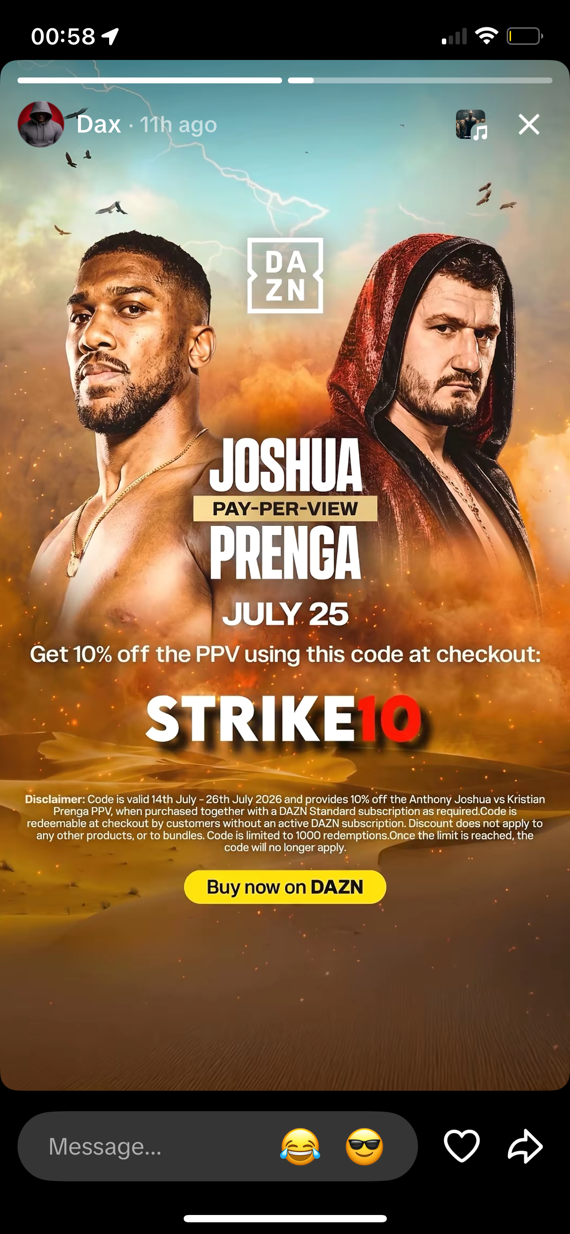 Dax story: official DAZN STRIKE10 asset with Buy now on DAZN link