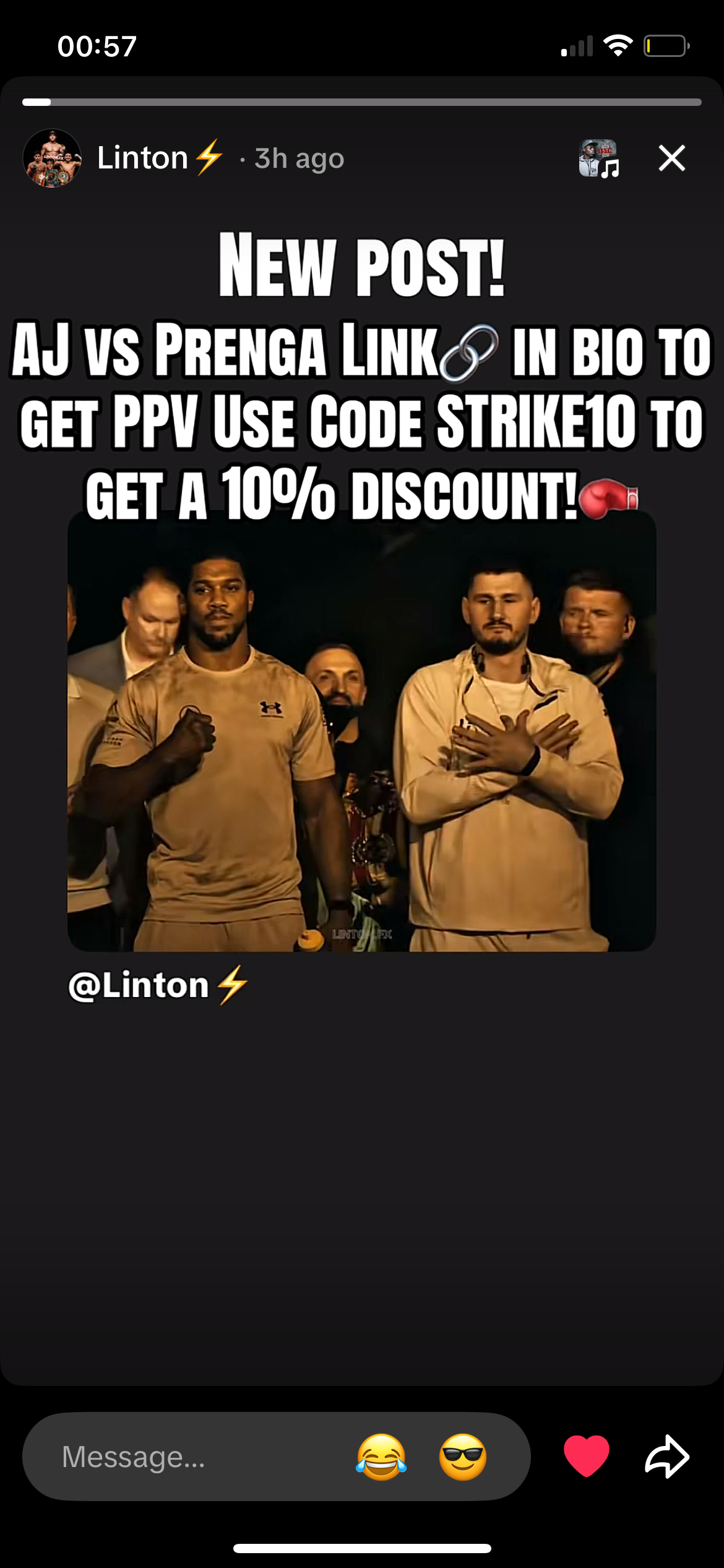 Linton story: AJ vs Prenga link in bio to get PPV, use code STRIKE10 for 10% discount