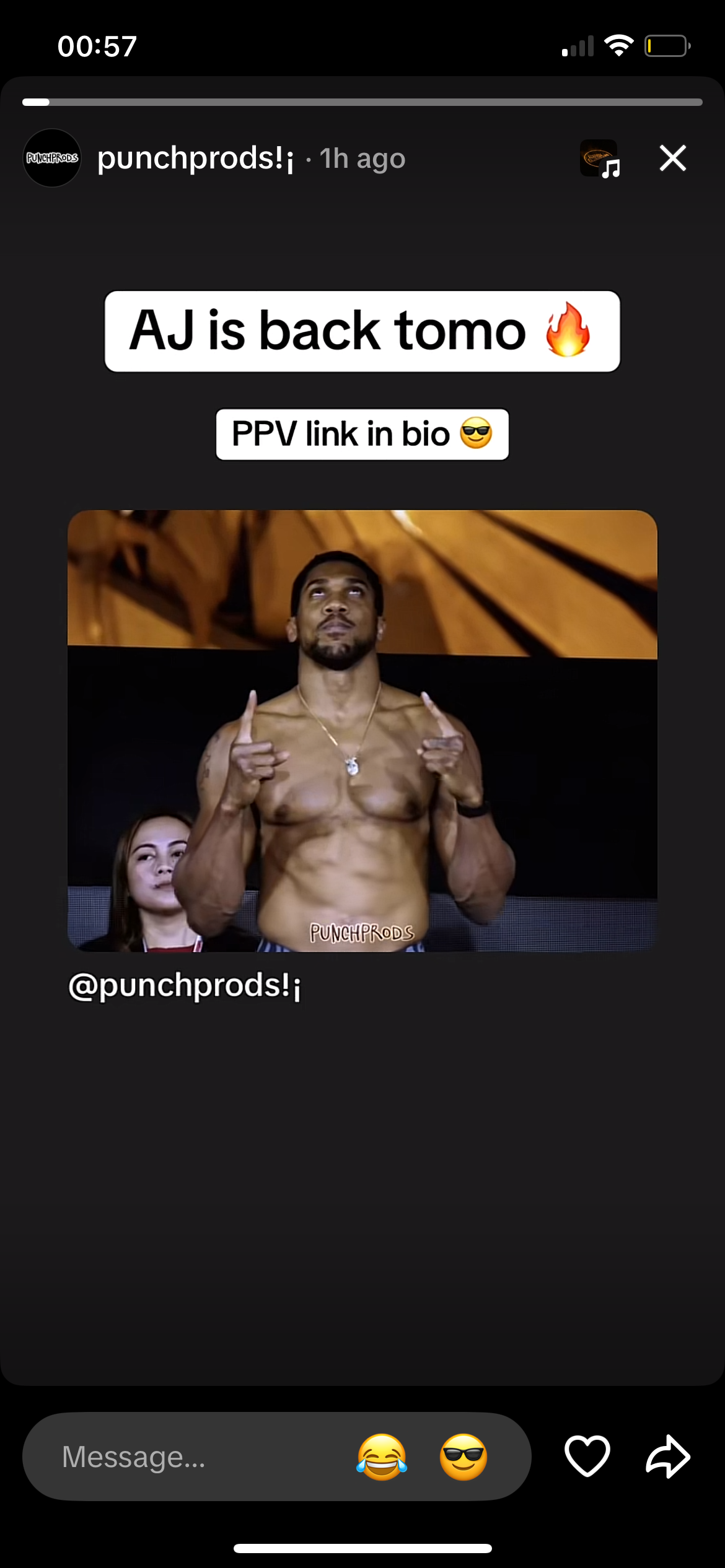 Punchprods story: AJ is back tomorrow, PPV link in bio