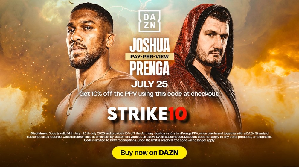 Official DAZN Joshua vs Prenga code asset with STRIKE10 — 10% off the PPV at checkout